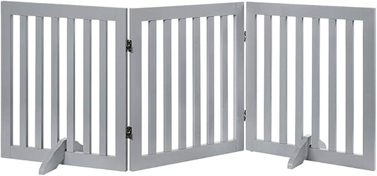 unipaws 24”H Free Standing Pet Gate for Dog, Wooden Dog Gates for Doorway, Stairs, Step Over Foldable Pet Fence for The House, Expandable Dog Barrier, Indoor Use, Grey
