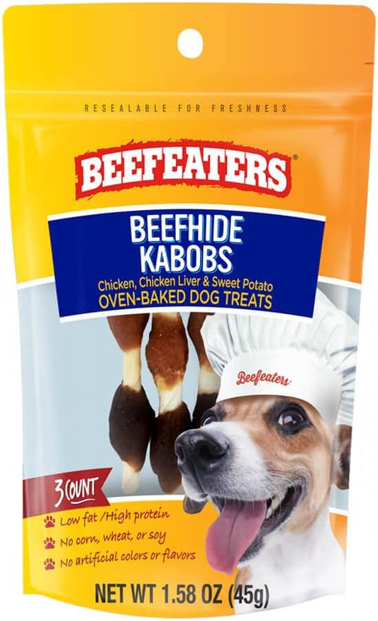 Beefeaters Beefhide Kabobs – Dog Treat. Triple Flavor with Real Chicken, Liver & Sweet Potato, Long-Lasting Chew, Supports Dental Health, Ideal for Training