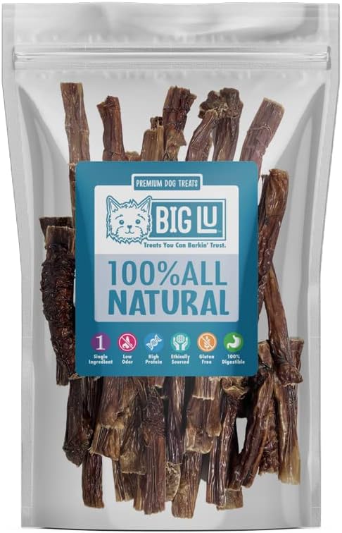 Big Lu - 6-Inch Jerky Gullet Sticks, 12 Count, All-Natural Beef Dog Chews, Grass-Fed, Free-Range, Digestible Treats with Glucosamine and Chondroitin for Joint Health, Dogs