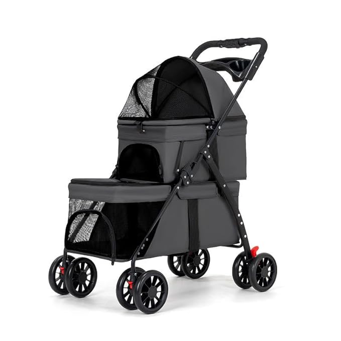 YYW Double Pet Stroller for Small Cats and Dogs, Foldable Kittens Puppies Travel Strolling Cart with 2 Carriages, Cup Holder & Lockable Wheels, Ideal for Multi-Pet Families(Black)