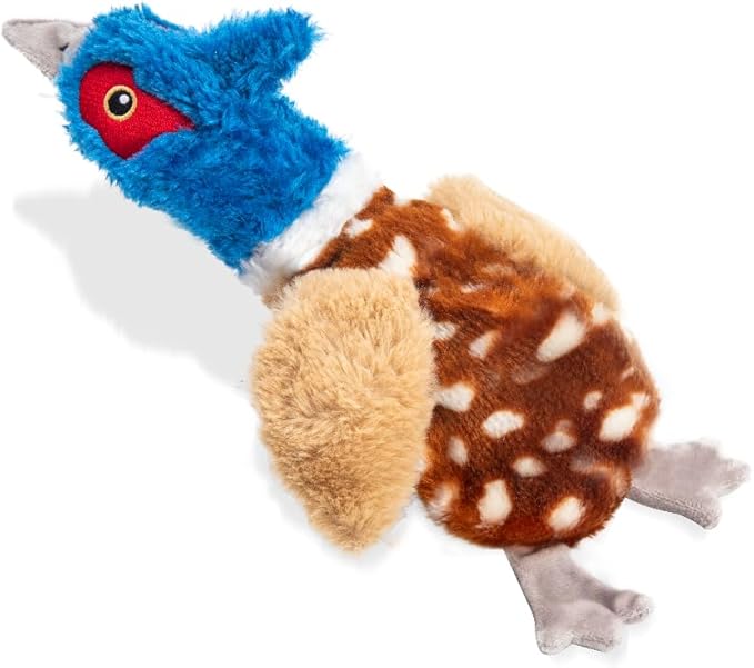 Pheasant (Bird) Dog Squeaky Toy for Aggressive Chewers - No Stuffing Chew Proof Plush with 4 Squeakers & Crinkle Wings, Durable Puppy Toys for Small Medium Large Dogs (Blue & Brown)