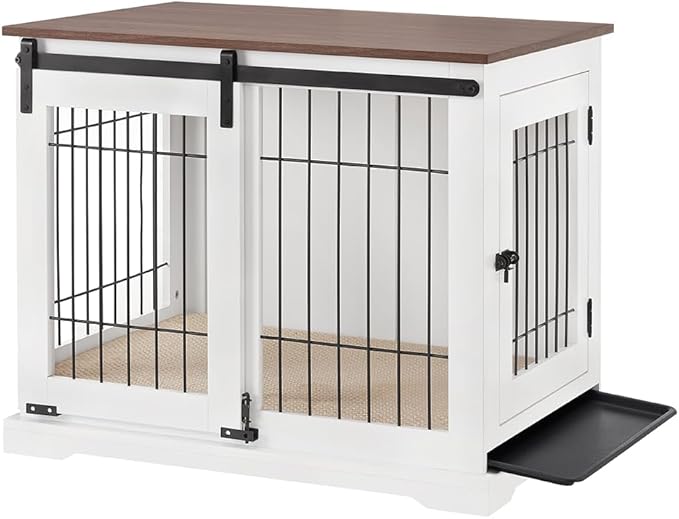 beeNbkks Dog Crate Furniture with Sliding Barn Door, Stylish Double Doors Wooden Kennel with Tray and Cushion, Decorative Indoor Pet House Side End Table for Medium Large Dogs