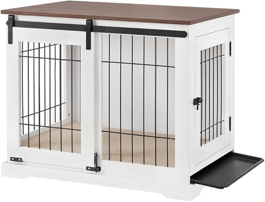 beeNbkks Dog Crate Furniture with Sliding Barn Door, Stylish Double Doors Wooden Kennel with Tray and Cushion, Decorative Indoor Pet House Side End Table for Medium Large Dogs