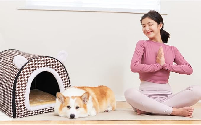 Dog Bed,2 Ways to Use,Indoor Pet House with Fluffy Mat,Removable and Washable Cover,Non-Slip Bottom,for Large Dogs(2XL Brown Cranes)