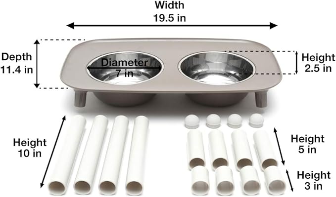 Messy Mutts Elevated Double Feeder with Stainless Bowls | Adjustable Height 3”, 5”, or 10” | Adjustable Standing Feeder for Dogs | 5 Cups per Bowl | Dark Grey