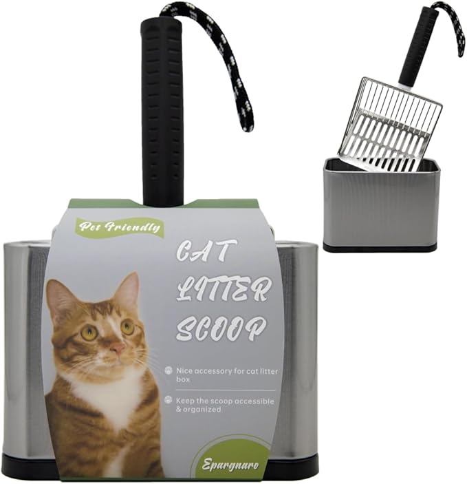 Metal Cat Litter Scoop with Holder, Stainless Steel Cat Litter Scooper Holder Trash Container, Heavy-Duty Kitty Poop Scooper with Coarse and Fine Grids for All Litter Pan