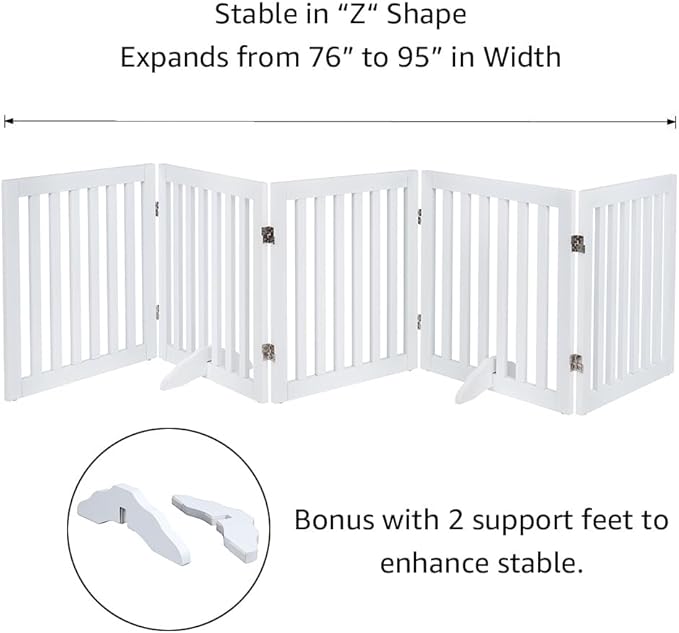 unipaws 24”H Free Standing Pet Gate for Dog and Cat, Wooden Dog Gates for Doorway, Stairs, Doggy Room Divider, Step Over Foldable Pet Fence for The House, Expandable Doggy Barrier, Indoor Use, White