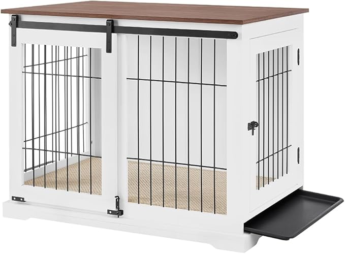 beeNbkks Dog Crate Furniture with Sliding Barn Door, Stylish Double Doors Wooden Kennel with Tray and Cushion, Decorative Indoor Pet House Side End Table for Medium Large Dogs