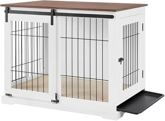 beeNbkks Dog Crate Furniture with Sliding Barn Door, Stylish Double Doors Wooden Kennel with Tray and Cushion, Decorative Indoor Pet House Side End Table for Medium Large Dogs