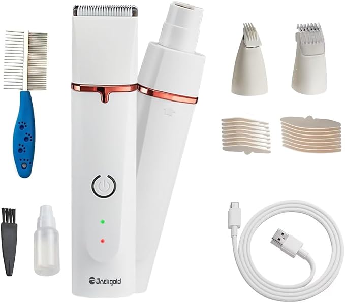 Dog Grooming Clippers Kit,Electric Rechargeable Cat Trimmer Tools,4 in 1 Multifunctional Low Noise Pet Shaver,Nail Grinder Haircutting System,Razor for Body Feet Paw Face Ears Nails Eyes,Hair Trimmer