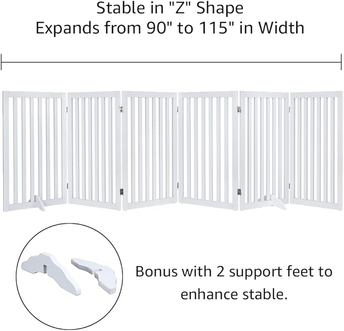 unipaws 120" Extra Wide Pet Gate, Free Standing Dog Gate for Doorways, Stairs, Foldable Gate & Room Divider, Wooden Puppy Playpen, Expandable Barrier for The House, Indoor Use (36" H, White)