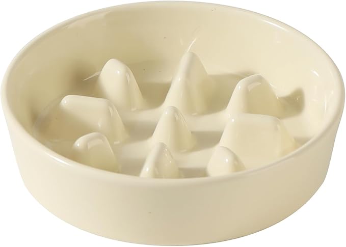 6.1inch Dog Bowl Slow Feeder Ceramic, Slow Pet Food Dish for Small Dog and Cat, Stop Bloat, Preventing Choking(Single Bowl, Beige)