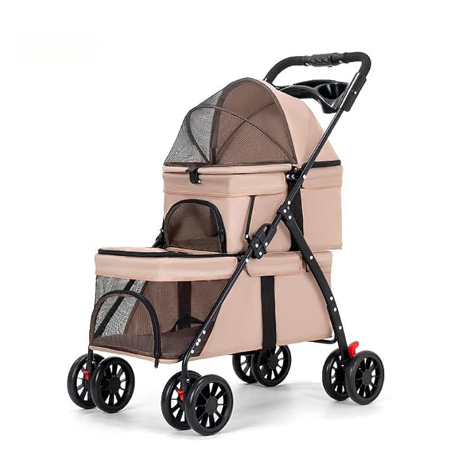 YYW Double Pet Stroller for Small Cats and Dogs, Foldable Kittens Puppies Travel Strolling Cart with 2 Carriages, Cup Holder & Lockable Wheels, Ideal for Multi-Pet Families(Khaki)