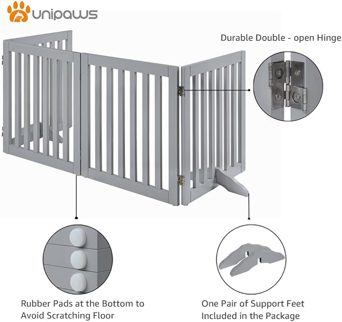 unipaws 24" H Free Standing Pet Gate for Dog Cat, Wooden Dog Gates for Doorway, Stairs, Step Over Foldable Pet Fence for The House, Expandable Barrier, Indoor Use, Grey