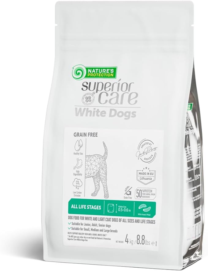 Nature's Protection Superior Care White Dogs Grain-Free Dry Dog Food - High Protein, Tear Stain Dog Food for All Breeds Light Coated All Life Stages Dogs, Fresh Pet Meal, Insect, 8.8 lb