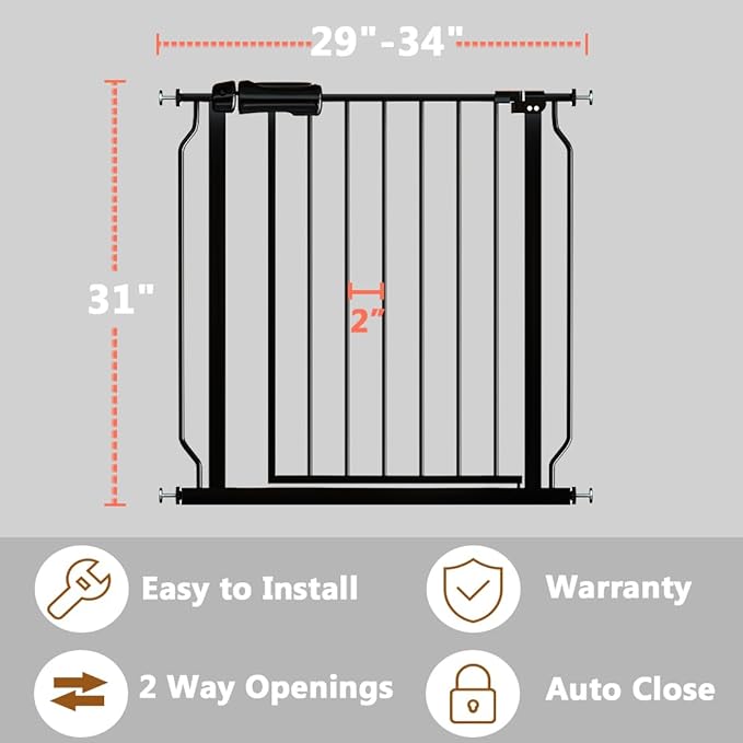 Fairy Baby Walk Through Black Baby Gate 29-34 Inch Wide, Pressure Mounted Safety Gate with Door No Drill, Tension Metal Gate for Dog and Toddler