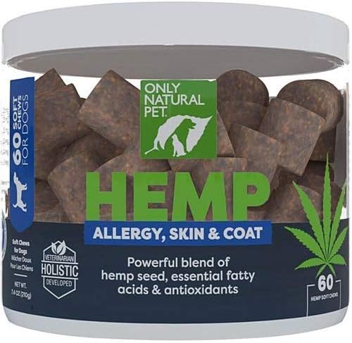Only Natural Pet Allergy, Skin & Coat Hemp Soft Chews - Allergy Immune Bites for Dogs, Omega 3 Supplement, Hemp Oil - Calming Treats for Itchy Skin Relief, Hot Spot - (60 Count) (AL.)