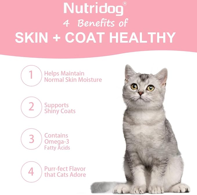 Skin & Coat Cat Chews - Omega 3, Vitamin E, Biotin Supplements for Healthy Skin, Glossy Coat & Anti - Shedding, Salmon Flavor 100ct Soft Chews (Salmon)