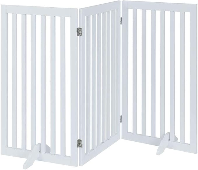 unipaws 36”H Free Standing Pet Gate for Dog Cat, Tall Wooden Gates for Doorway, Stairs, Foldable Pet Fence for The House, Expandable Dog Barrier, Indoor Use, White