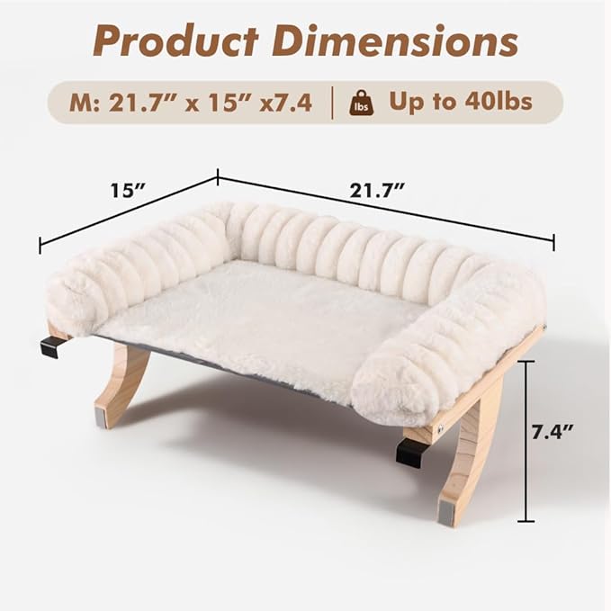 Cloud-Soft Cat Window Sill Perch with Zipper Designed Cushioned Bed, Supportive Cat Window Seat with Premium Solid Wood & Sturdy Metal Frame, Pet Hammock Bed for Large Cats (Medium, White)