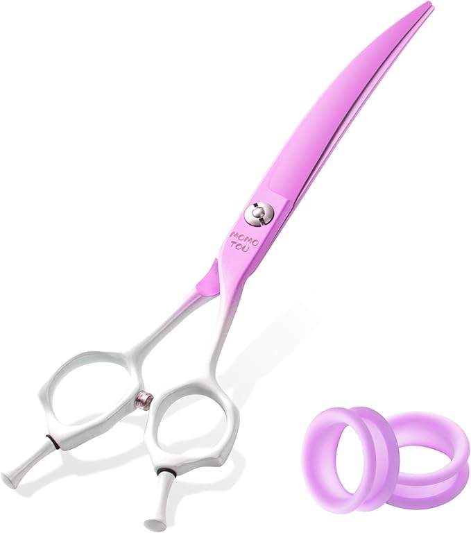 Curved Dog Grooming Scissors Violet to White Gradient 440C Stainless Steel Sharp Durable Dog Shears for Professional or Home Use Ergonomic Handle with 2 Silicone Finger Rings