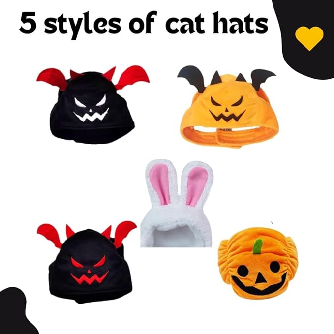 5 Pcs Halloween Cat Costume - Pumpkin Cat Hats, Bat Cosplay Hats - Kitten Puppy Dress Up - Valentines Halloween Easter Costume - Adjustable Accessory Headwear (Wacky Style)