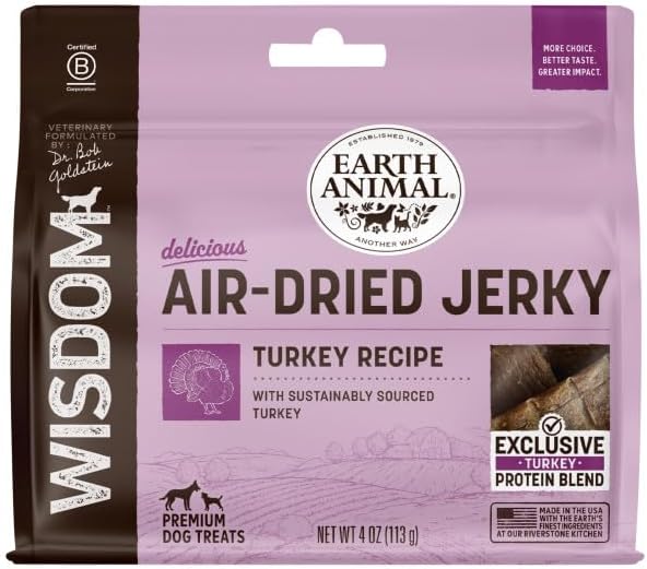 Earth Animal Wisdom Air-Dried Jerky Turkey Recipe | Dog Treats and Snacks | Premium Natural Turkey Jerky Strips | 4 oz | Dog Treats Made in The USA (Pack of 1)