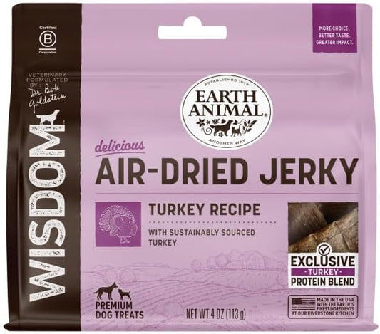 Earth Animal Wisdom Air-Dried Jerky Turkey Recipe | Dog Treats and Snacks | Premium Natural Turkey Jerky Strips | 4 oz | Dog Treats Made in The USA (Pack of 1)