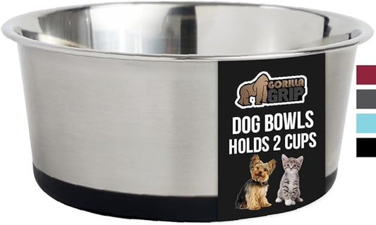 GORILLA GRIP Stainless Steel Metal Dog Bowl, Rubber Base, Heavy Duty Feeding Dish, Food Grade BPA Free, Less Sliding on Floors, Quiet Pet Bowl for Cats and Dogs, Holds 2 Cups (16 fl oz), Black