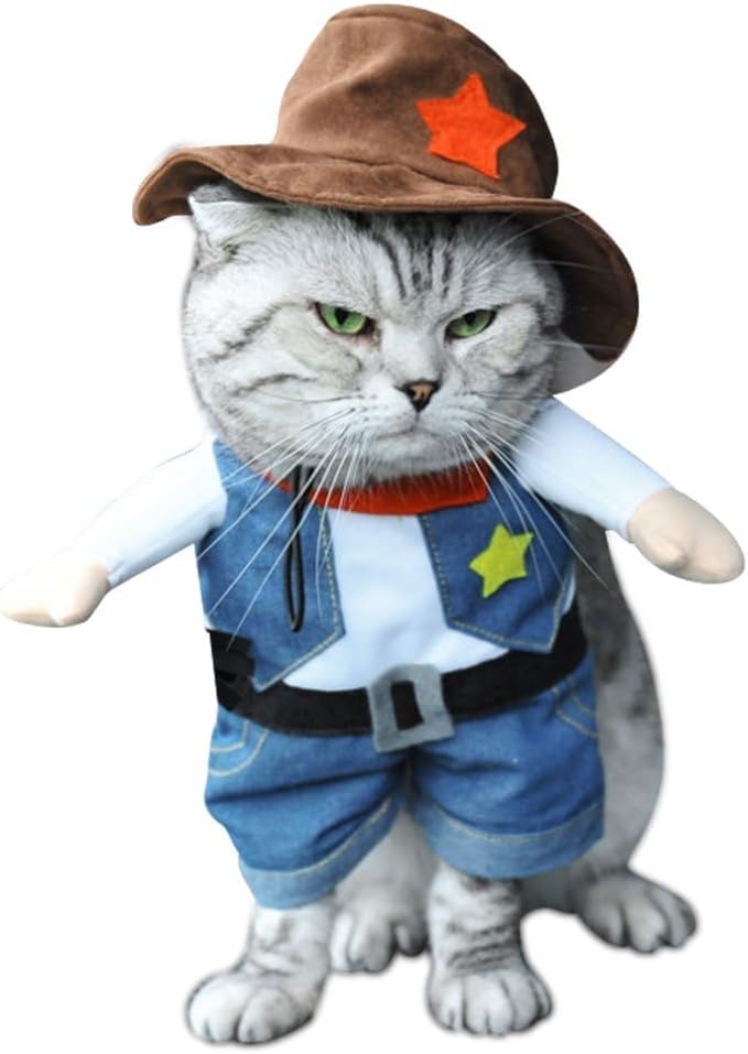NACOCO Cowboy Costume with Hat for Cat and Small Dog - Halloween Clothes (Large) Blue