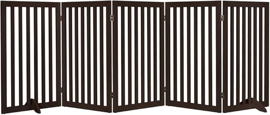 unipaws 36”H Free Standing Pet Gate for Dogs and Cats, Tall Wooden Dog Gates for Doorway, Stairs, Dog Room Divider, Foldable Pet Fence for The House, Expandable Barrier, Indoor Use, Espresso