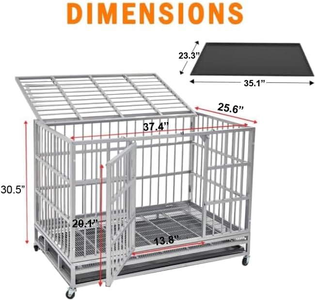 54/48/42/38 inch Heavy Duty Indestructible and Escape-Proof Dog Crate Cage Kennel for Large Dogs, High Anxiety Dog Crate with Removable Wire Trays and Wheels, Extra Large XL XXL, Silver