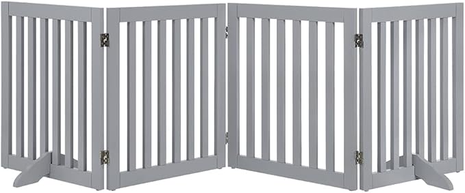 unipaws 24" H Free Standing Pet Gate for Dog Cat, Wooden Dog Gates for Doorway, Stairs, Step Over Foldable Pet Fence for The House, Expandable Barrier, Indoor Use, Grey