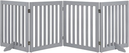 unipaws 24" H Free Standing Pet Gate for Dog Cat, Wooden Dog Gates for Doorway, Stairs, Step Over Foldable Pet Fence for The House, Expandable Barrier, Indoor Use, Grey