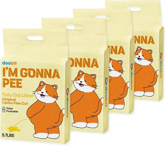 100% Natural,Tofu Cat Litter Toilet Flushable,Non Toxic Low Tracking,1.5mm Fine Cut,Solubility in Water,Clumping Litter,Ultra Absorbent, Really Dust-Free,I'm Gonna Pee(5.7lb x 4pack)