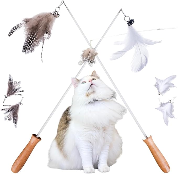 Cat Wand Toy Set – 2 Feather Teaser Wands with 4 Interchangeable Refills, 27" Flexible Wire & Wooden Handle, Interactive Play for Indoor Cats and Kittens
