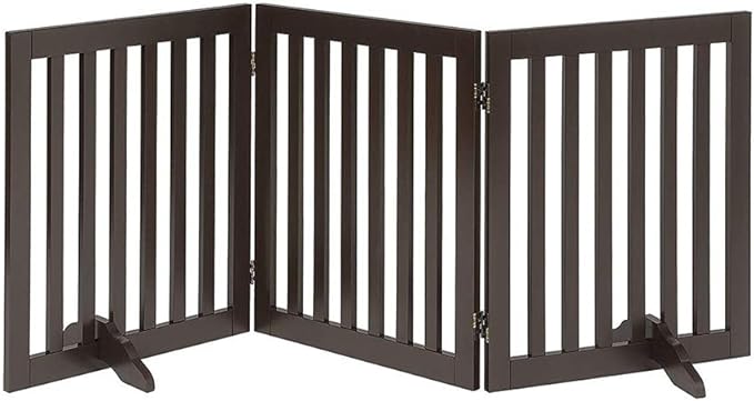 unipaws 24" H Free Standing Pet Gate for Dog Cat, Wooden Dog Gates for Doorway, Stairs, Step Over Foldable Pet Fence for The House, Expandable Dog Barrier, Indoor Use, Espresso