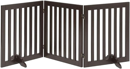 unipaws 24" H Free Standing Pet Gate for Dog Cat, Wooden Dog Gates for Doorway, Stairs, Step Over Foldable Pet Fence for The House, Expandable Dog Barrier, Indoor Use, Espresso
