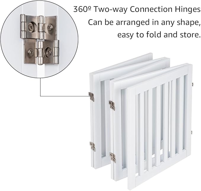 unipaws 24”H Free Standing Pet Gate for Dog and Cat, Wooden Dog Gates for Doorway, Stairs, Doggy Room Divider, Step Over Foldable Pet Fence for The House, Expandable Doggy Barrier, Indoor Use, White