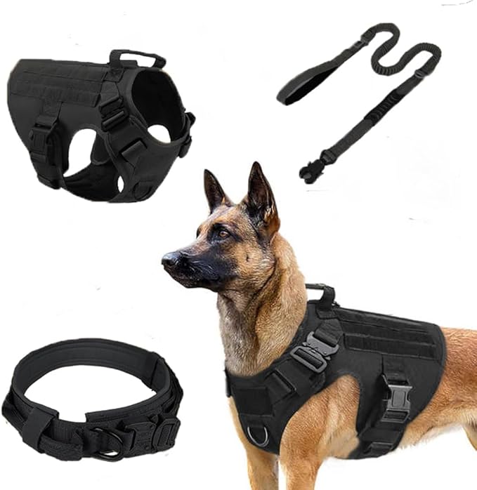 Tactical Dog Harness with Handle, Collar & Leash Set – No Pull Dog Vest with Adjustable Buckles, Reflective Patches & Heavy-Duty Nylon for Medium Dogs (Black)