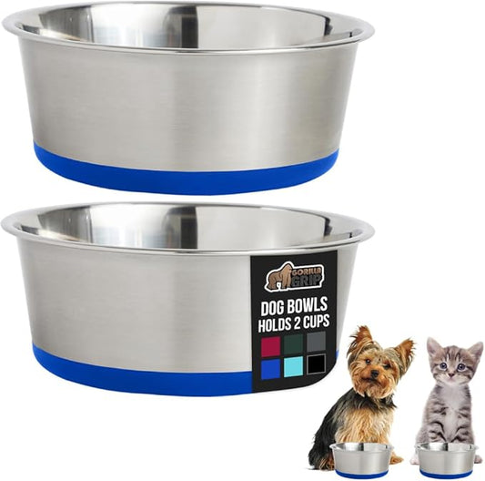 GORILLA GRIP Set of 2 Dog Bowls, Heavy Duty Metal Food and Water Bowl for Feeding Dogs and Cats, Dishwasher Safe, Rust Resistant Stainless Steel, BPA Free Rubber Base, Holds 2 Cups (16 fl oz), Blue