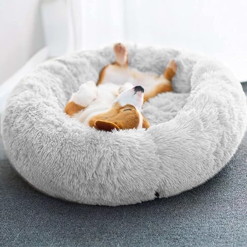 Original Calming Donut Dog and Cat Bed in Shag Fur, Dog Beds for Large Dogs, Anti Anxiety Round Fluffy Plush Faux Fur Pet Bed (Light Grey, 40x40)