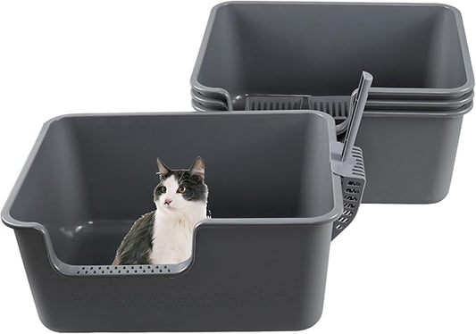 4-Pack Cat Litter Box with High Sides, Grey Open Top Litter Box