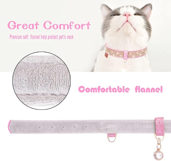PetsHome Cat Collar, Dog Collar, [Bling Rhinestones] Premium PU Leather with Pendant Adjustable Collars for Big Cat and Small to Medium Dog Small Pink