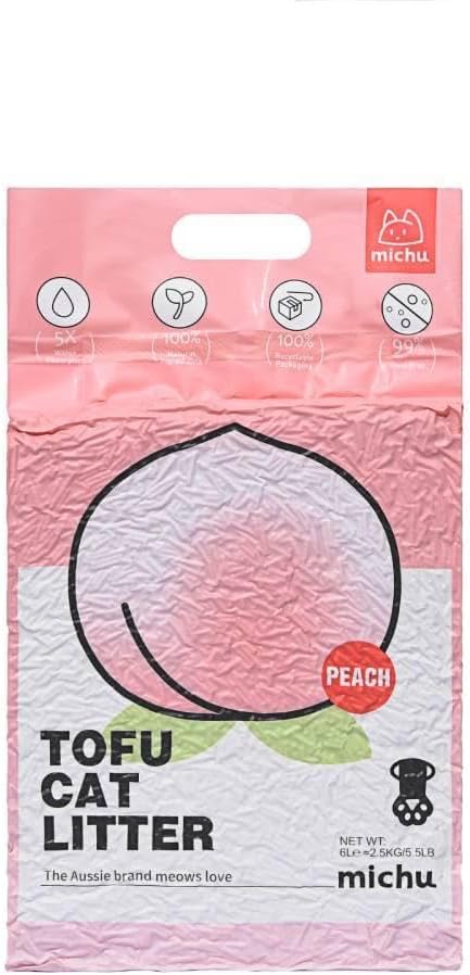Michu Tofu Cat Litter Natural Clumping Tofu Cat Litter, Fast Clumping and Easily Scoop-able 5.5lb/88oz 5 Scents - Peach, 4 Pack
