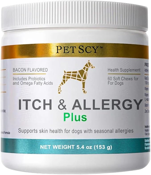 PetScy Itch & Allergy Plus Chews for Dogs Itchy Skin, Ears & Paws | Probiotics, Moringa & Turmeric | Dog Allergy Relief for Skin Redness, Hair Loss Gut & Digestive Health - Bacon Flavor - 60 Chews