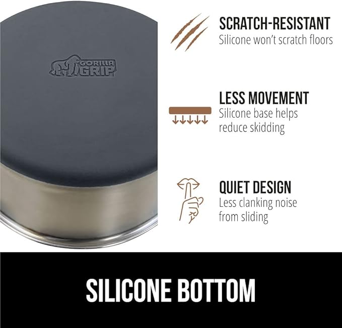 GORILLA GRIP Set of 2 Dog Bowls, Holds 8 Cups (64 fl oz), Heavy Duty Metal Food and Water Bowl for Feeding Dogs and Cats, Dishwasher Safe, Rust Resistant Stainless Steel, BPA Free Rubber Base, Gray