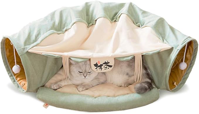 Cat Toys Collapsible Tunnel Bed Cozy Cave, Round Cuddle Snuggery Burrow Pet Litter House Bed Channel Removable Cover for Indoor Rabbits, Kittens and Dogs - Green