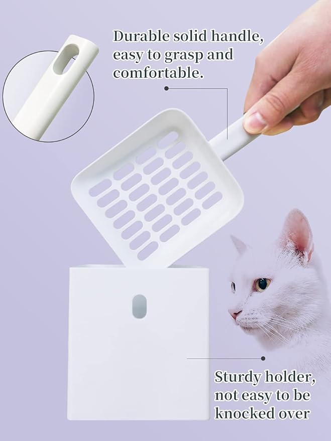 Cat Litter Scooper with Caddy, Cat Scooper for Litter Box with Holder Stand, Durable, Neat and Convenient - Matte White