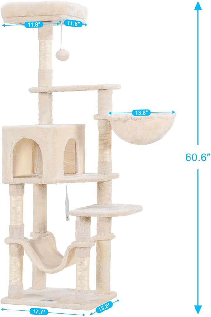 Hey-brother Cat Tree with Large Hammock, Multi-Level Cat Tower for Indoor Cats, Cat Condo with Sisal-Covered Scratching Posts and Top Perch, Beige MPJ050M